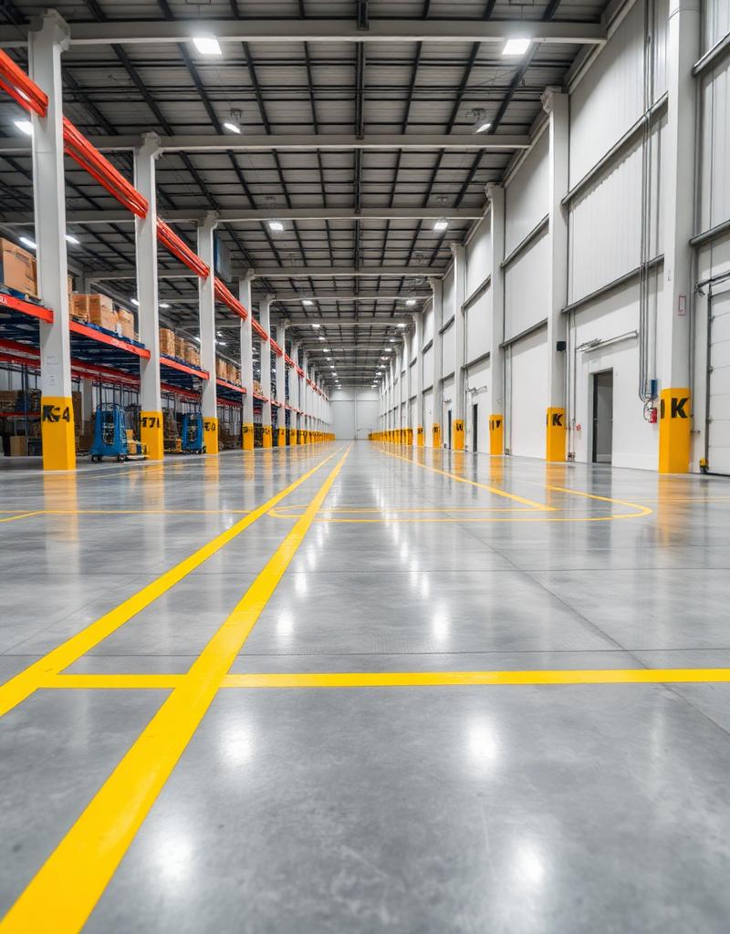 Clean industrial warehouse floor with yellow safety markings
